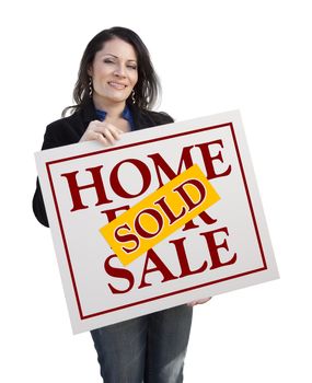 Hispanic Woman Holding Sold Home For Sale Real Estate Sign Isolated On White.
