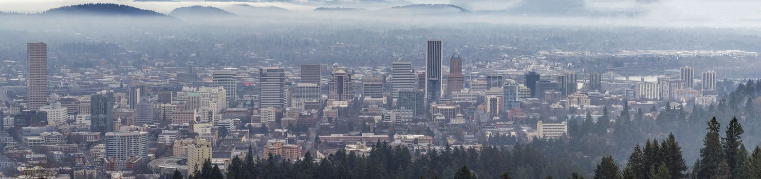 Foggy Portland Oregon Downtown Cityscape Panorama