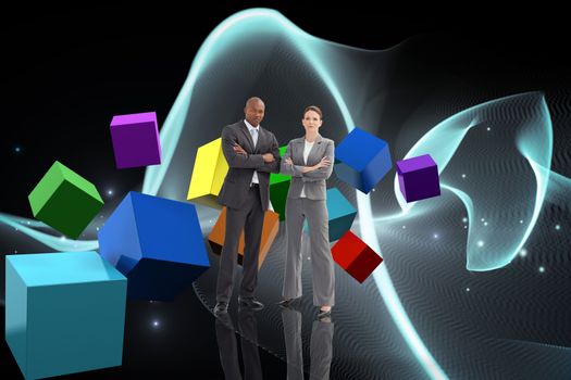 Confident business team against abstract glowing black background