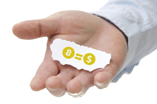 Business man holding bitcoin transfer to money note on hand
