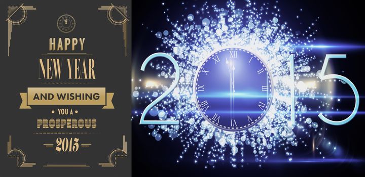 Art deco new year greeting against black and blue new year graphic