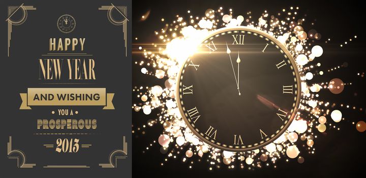 Clock counting down to midnight against art deco new year greeting