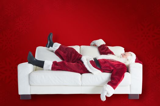 Santa pushes a shopping cart against red background