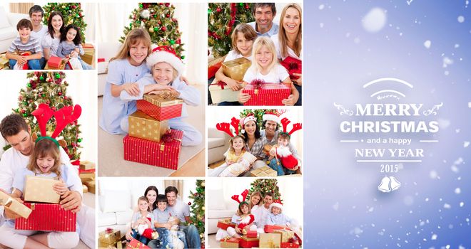 Collage of families celebrating Christmas together at home against purple vignette