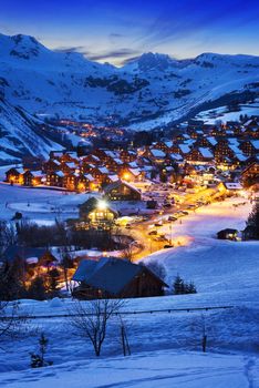 Evening landscape and ski resort in French Alps,Saint jean d'Arves, France 