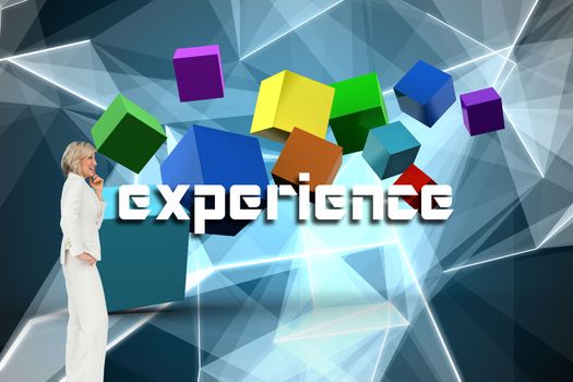 The word experience and thinking businesswoman against abstract glowing black background