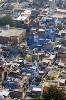 Aerial of Jodhpur, also known as "Blue City" due to the vivid blue-painted Brahmin houses. View from Mehrangarh Fort 