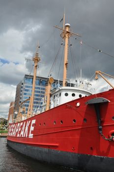 United States lightship Chesapeake (LV-116) docked at the Inner Harbor in Baltimore, Maryland