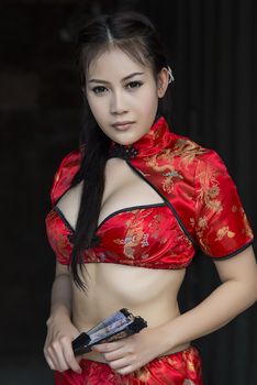 Sexy Chinese woman red dress traditional cheongsam