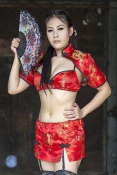 Sexy Chinese woman red dress traditional cheongsam