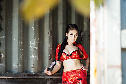 Sexy Chinese woman red dress traditional cheongsam