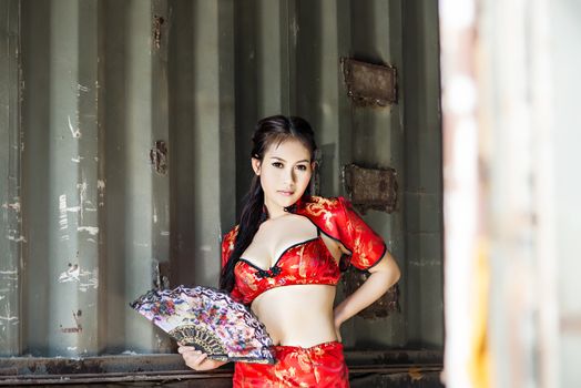 Sexy Chinese woman red dress traditional cheongsam