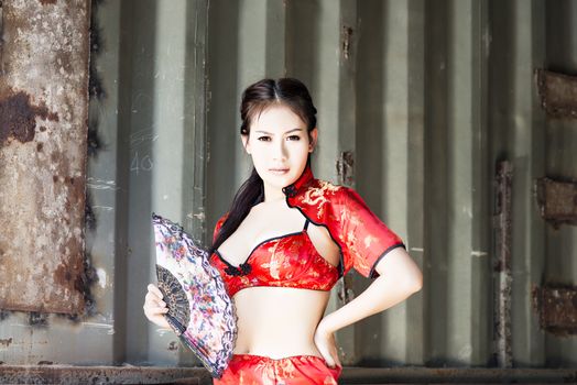 Sexy Chinese woman red dress traditional cheongsam