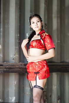 Sexy Chinese woman red dress traditional cheongsam