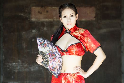 Sexy Chinese woman red dress traditional cheongsam