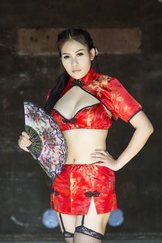 Sexy Chinese woman red dress traditional cheongsam