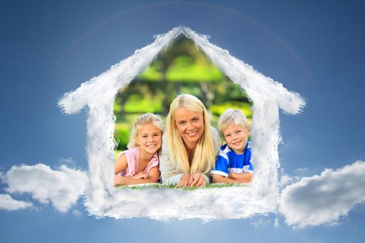 Mother with her children lying down during the summer against cloudy sky with sunshine