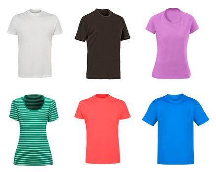 set of different T-shirts on white background