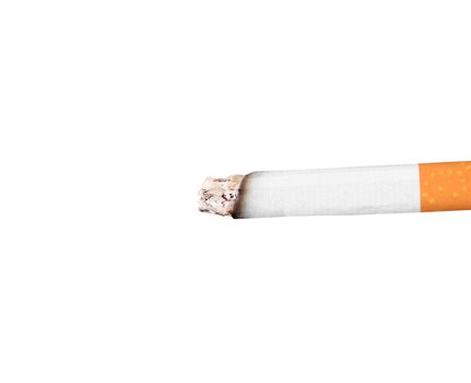 Burning cigarette with ashes isolated on white.
