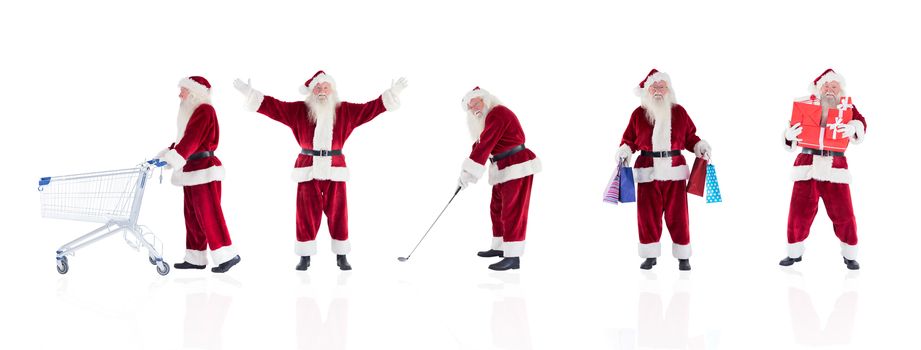 Composite image of santa carries a few presents on white background