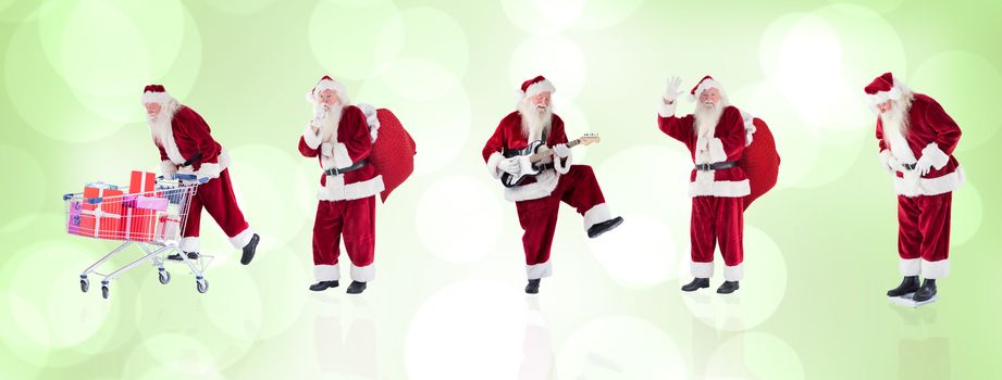 Composite image of different santas against green abstract light spot design