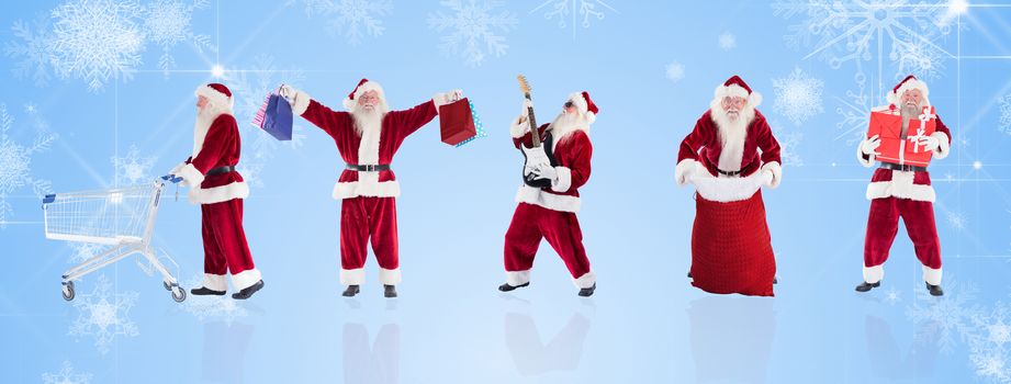 Composite image of different santas against white snowflake design on blue