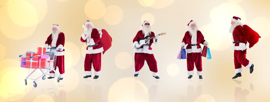 Composite image of different santas against yellow abstract light spot design