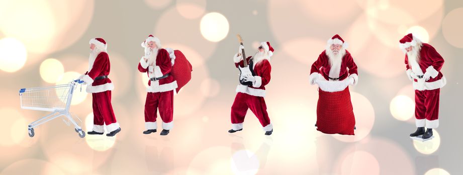 Composite image of different santas against white glowing dots on grey