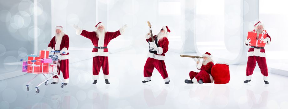 Composite image of different santas against lights twinkling in modern room