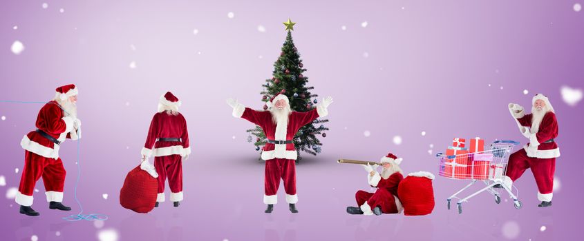 Composite image of different santas against purple vignette