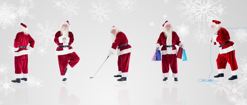 Composite image of different santas against white snowflake design on grey