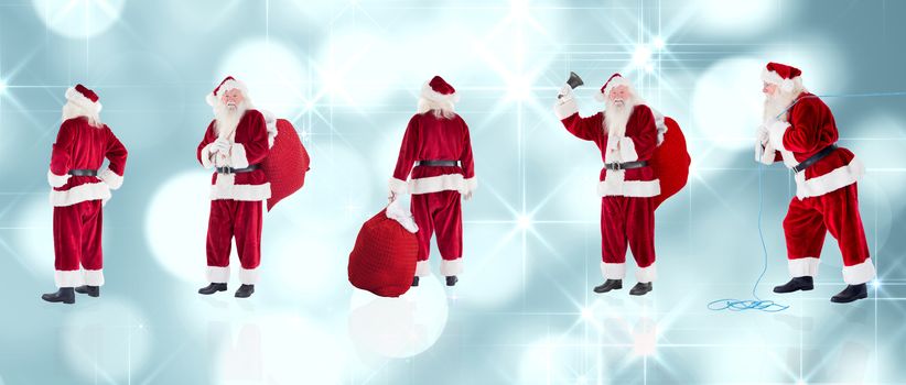 Composite image of different santas against light circles on blue background