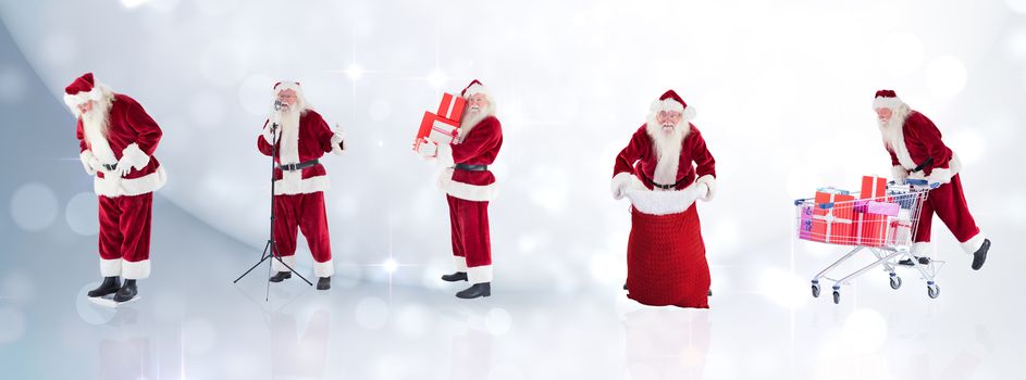 Composite image of different santas against lights twinkling in room