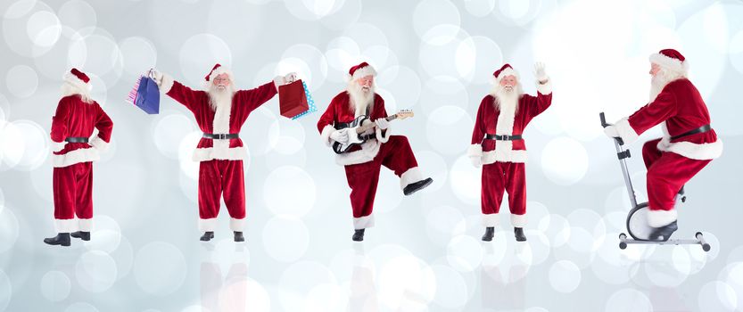 Composite image of different santas against light glowing dots design pattern