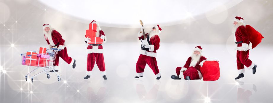 Composite image of different santas against snowflakes in room