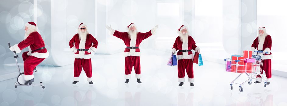 Composite image of different santas against lights twinkling in modern room