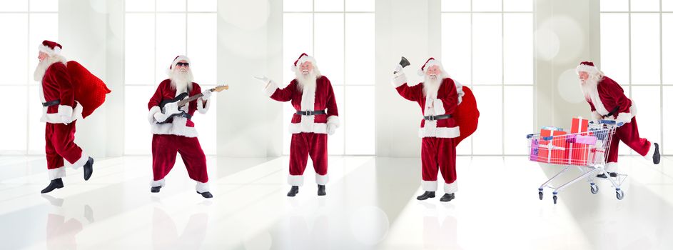 Composite image of different santas against twinkling lights over room with windows