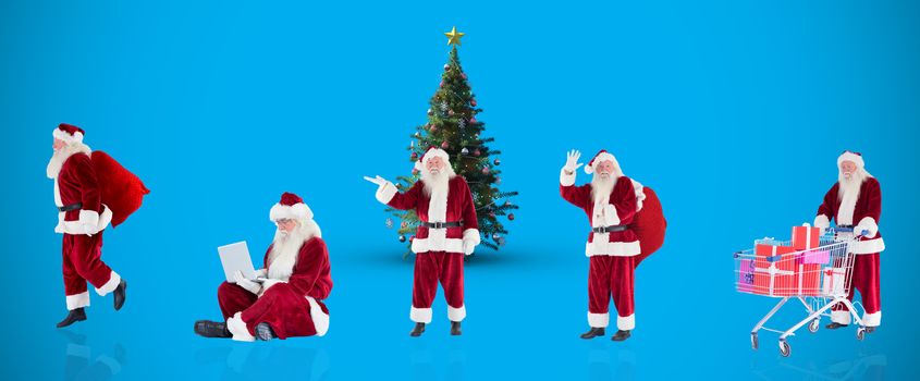 Composite image of different santas against blue background