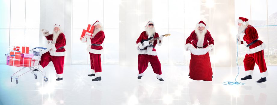 Composite image of different santas against twinkling lights over room with windows