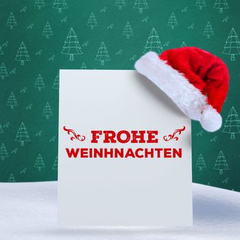 frohe weinhnachten against green christmas tree pattern