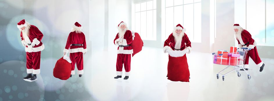 Composite image of different santas against lights glowing in modern room