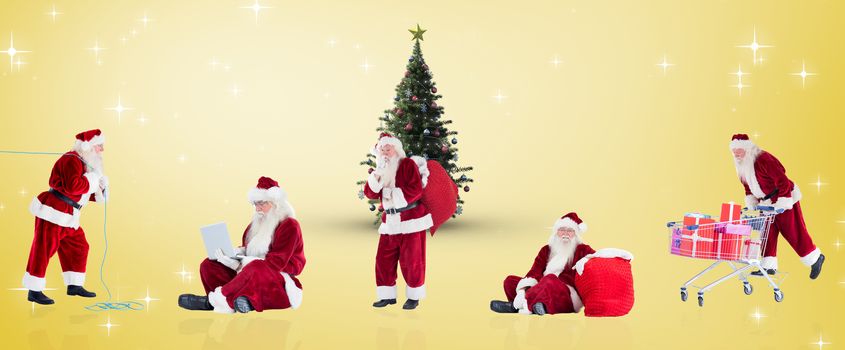 Composite image of different santas against yellow vignette