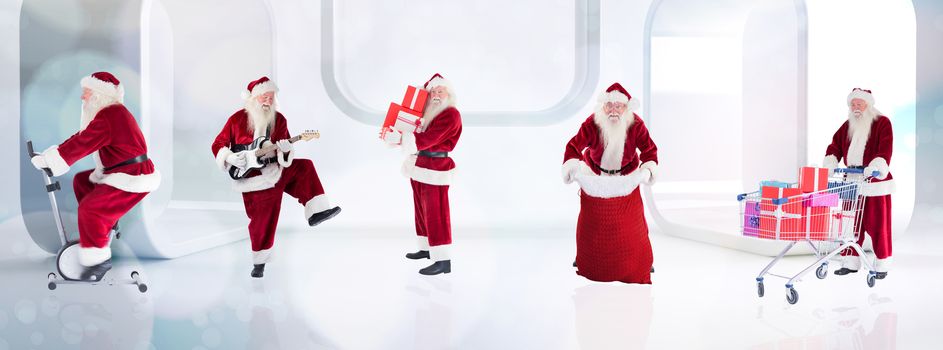 Composite image of different santas against lights twinkling in modern room