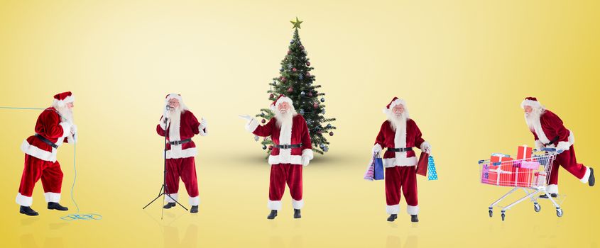 Composite image of different santas against yellow vignette