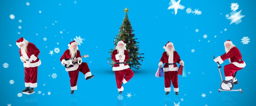 Composite image of different santas against blue background