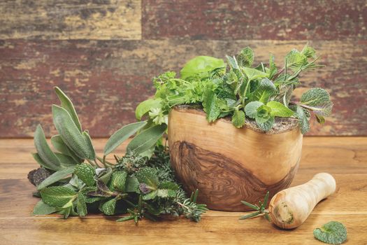 Different culinary herbs in a mortar over rustic table