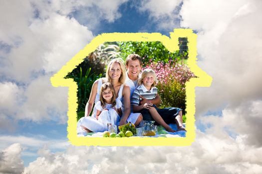 Cute family enjoying a picnic against blue sky with white clouds