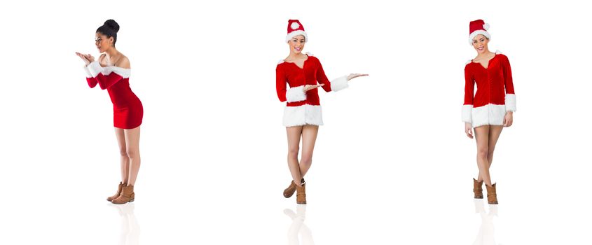 Composite image of different festive brunettes on white background