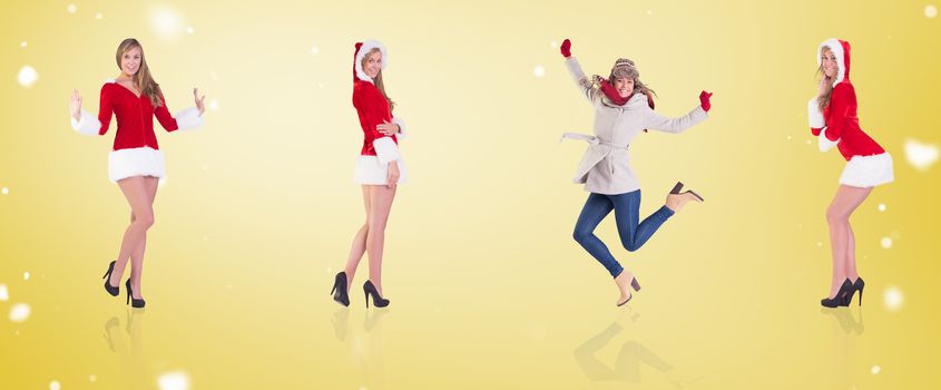 Composite image of different festive blondes against yellow vignette