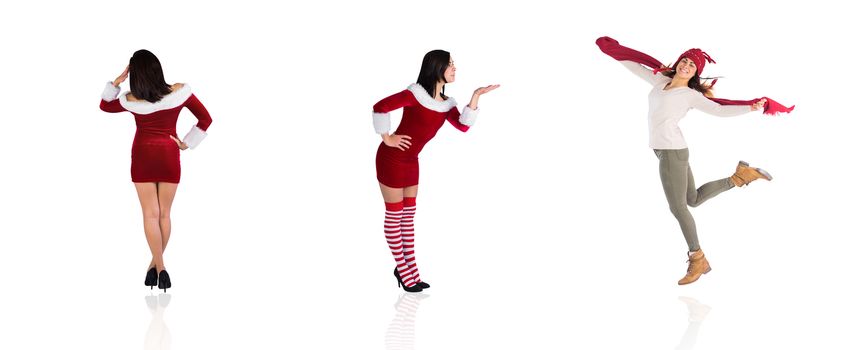 Composite image of different pretty girls in santa outfit on white background